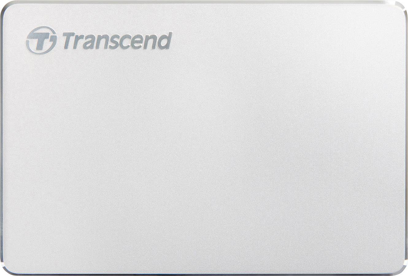 Externí pevný disk značky Transcend se stříbrným pouzdrem.