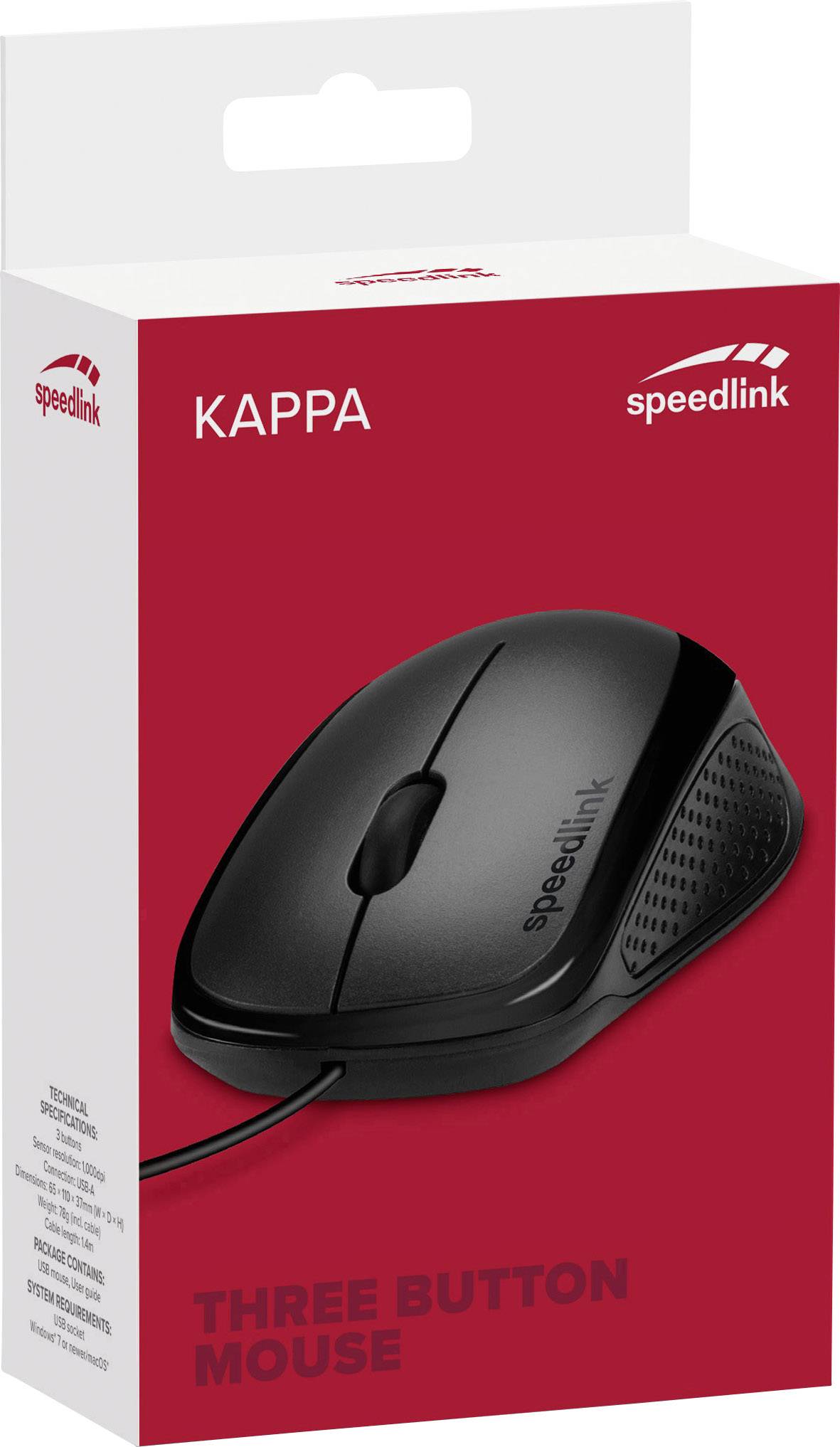 Obal značky 'speedlink' zobrazuje černou myš Kappa se třemi tlačítky.