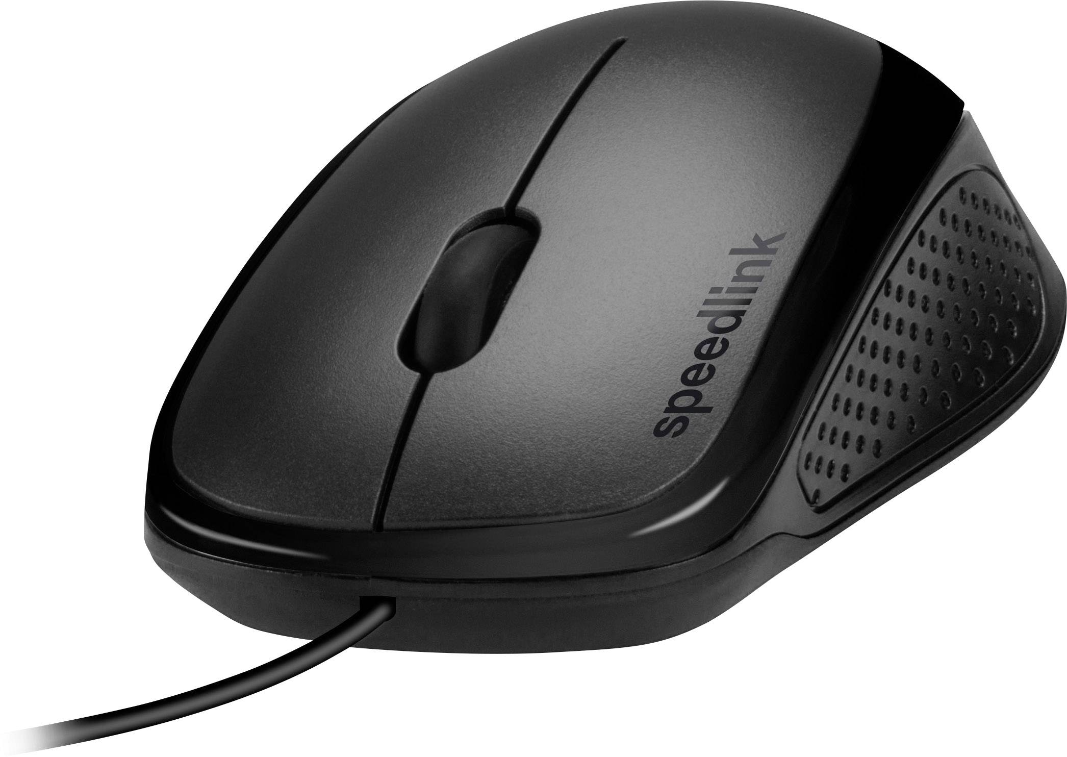 Černošedá kabelová počítačová myš s nápisem 'speedlink' na boku, ergonomický design, vhodná pro stolní počítače.