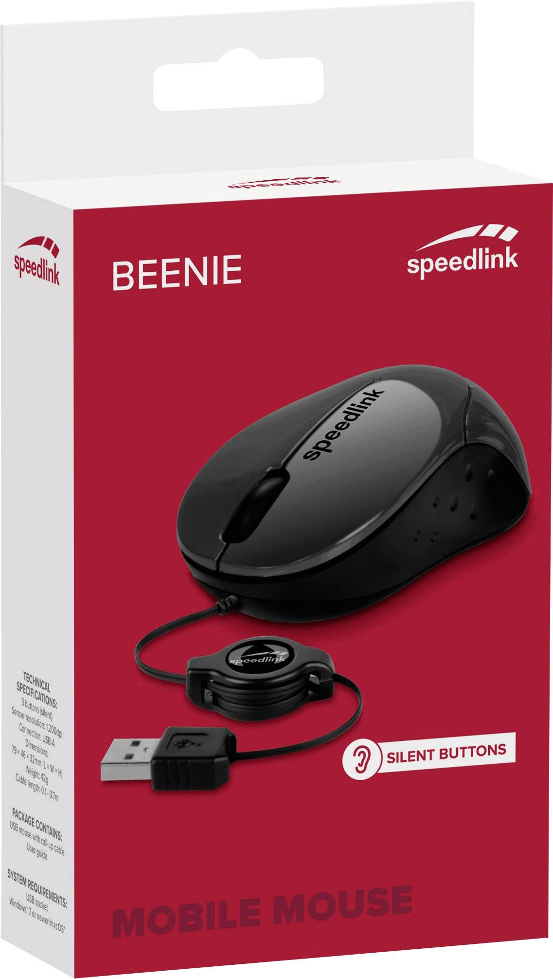 Balení černé mobilní myši značky Speedlink, model "BEENIE", s USB připojením a tichým tlačítkem.