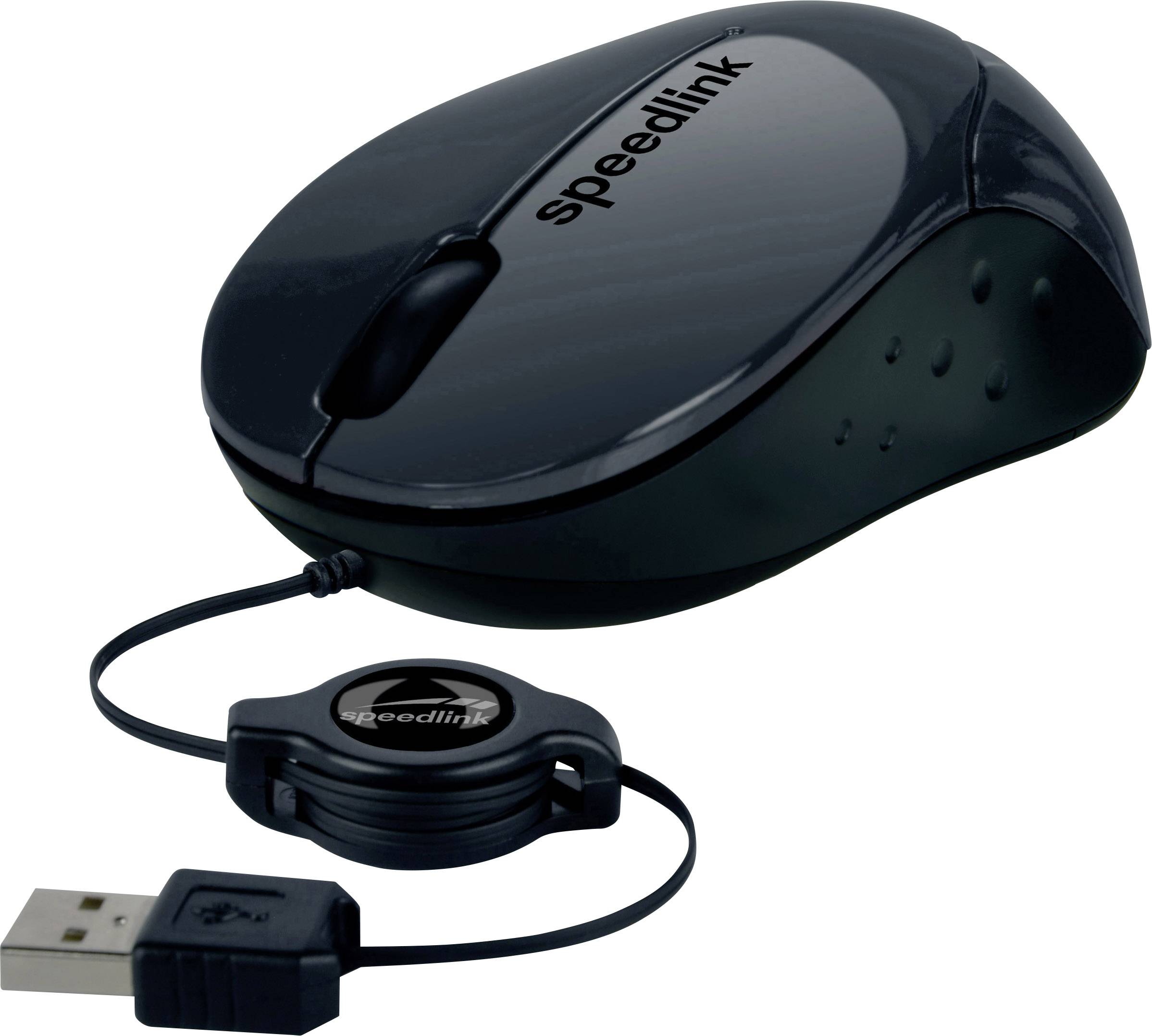 Černá počítačová myš s USB kabelem, navinutá na kabelovém organizéru, s viditelným logem značky 'speedlink' na povrchu.