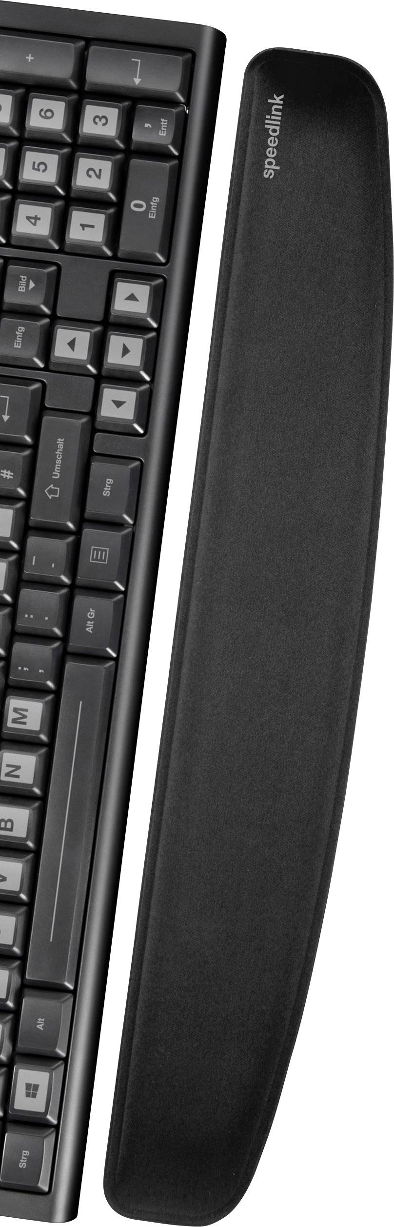 Klávesnice s černou opěrkou zápěstí položená na pracovní ploše. Zobrazuje klávesovou rozvržení QWERTZ.