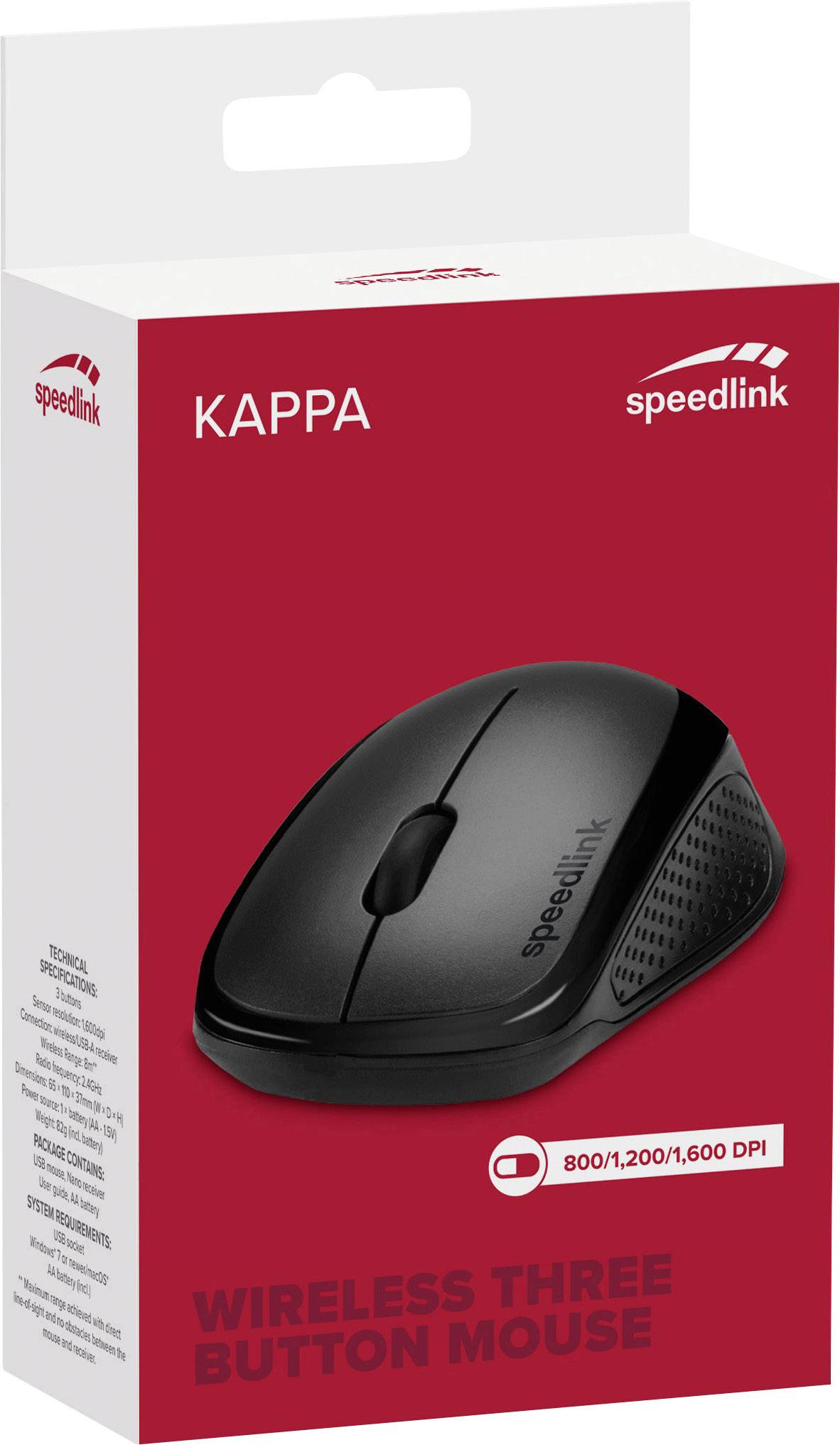 Černá bezdrátová myš se třemi tlačítky s nápisem 'speedlink' na přední straně. Balení zobrazuje značku 'speedlink' a model 'Kappa'. Nastavení DPI: 800/1.200/1.600.