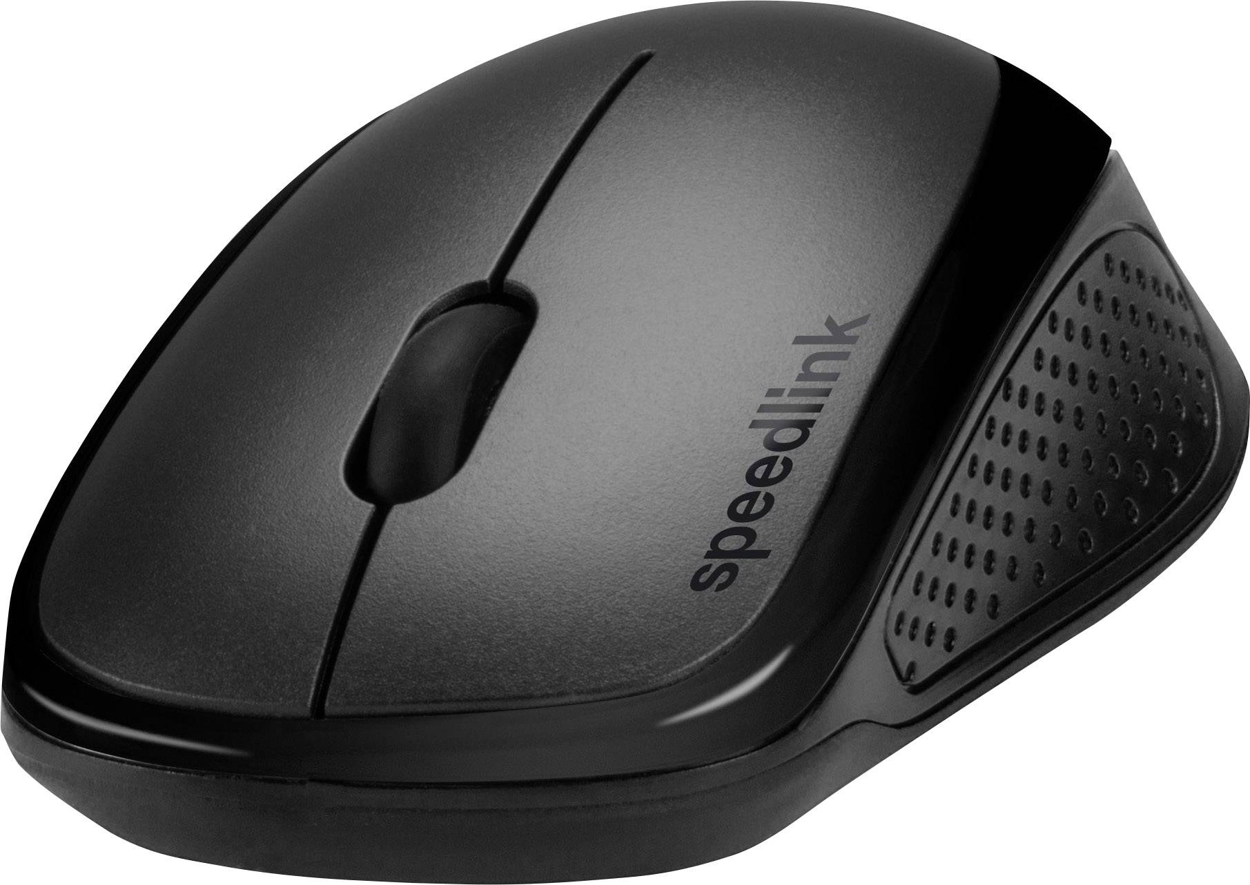 Černá bezdrátová počítačová myš s ergonomickým designem a logem značky 'speedlink' na boku.