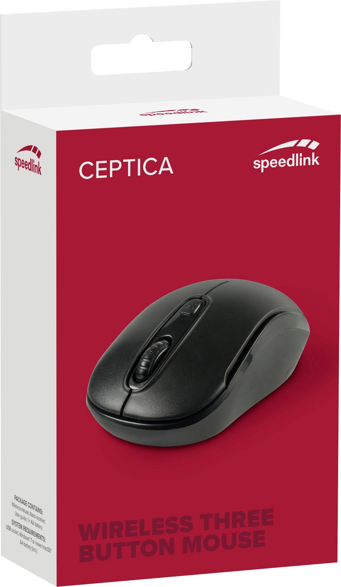 Bezdrátová myš Speedlink CEPCTICA se třemi tlačítky v černé barvě na červeném obalu s vyobrazením produktu a názvem značky.