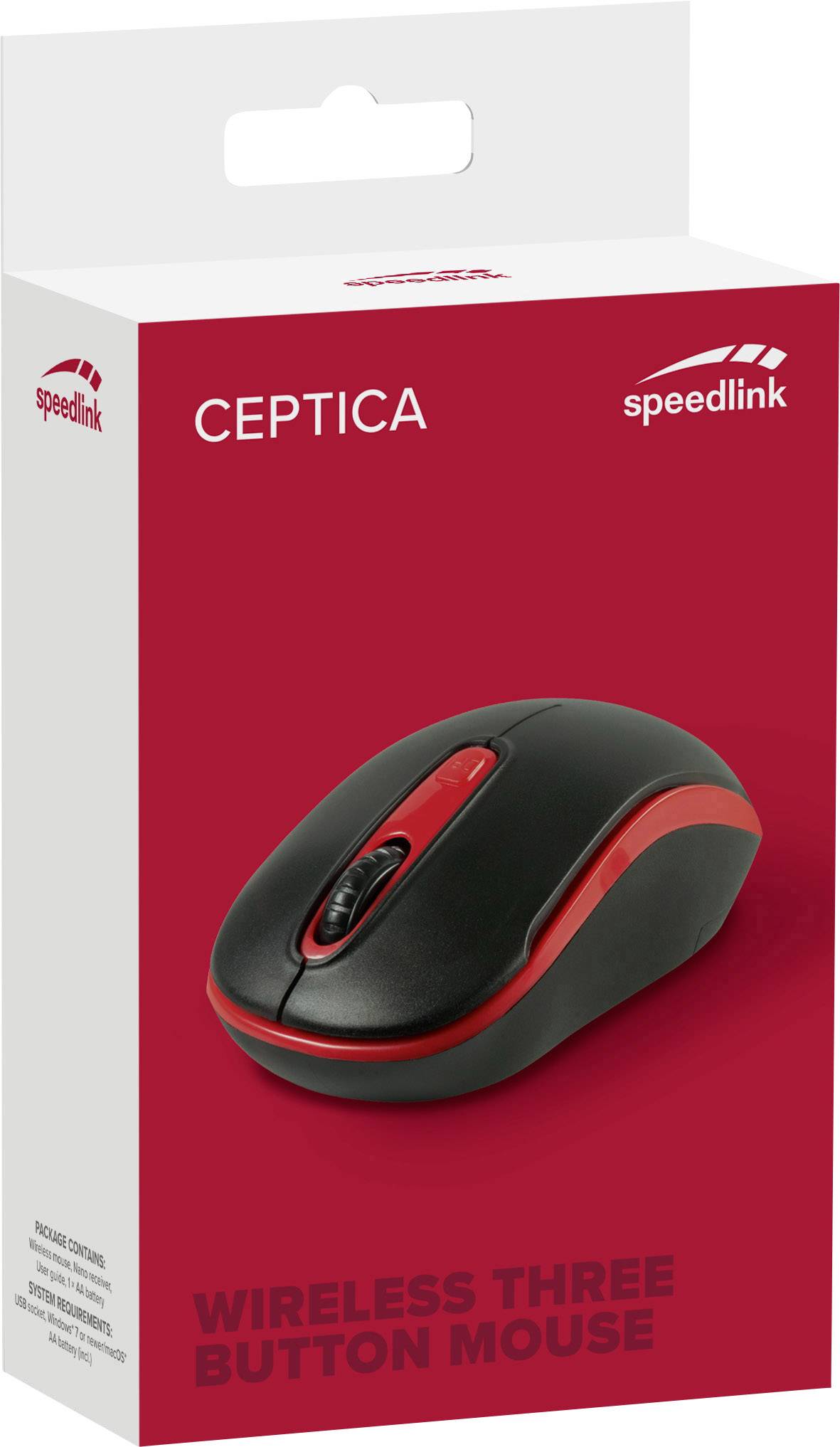 Obal pro bezdrátovou počítačovou myš Speedlink, model 'Ceptica', v černé a červené barvě.