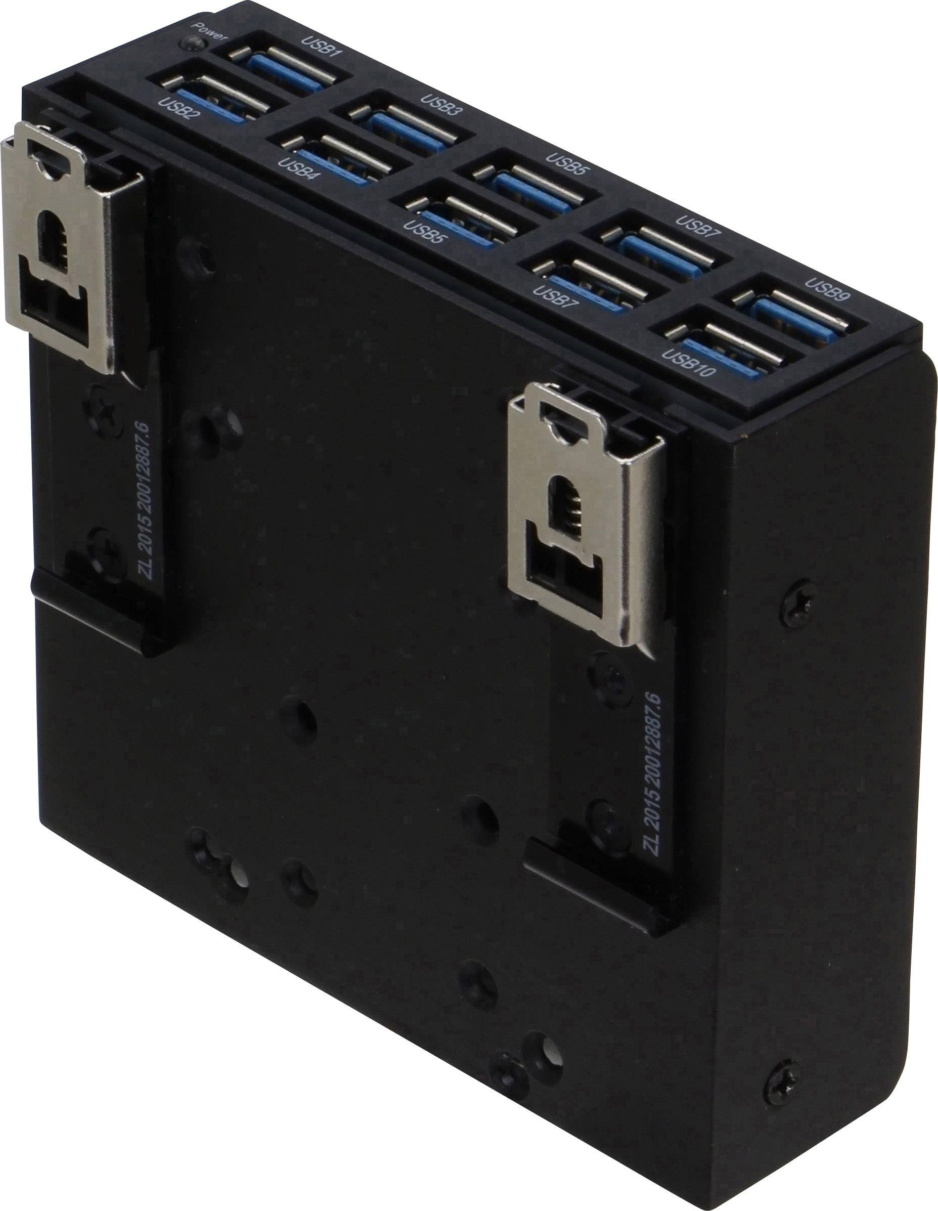 Černý USB hub se dvěma ethernetovými porty a sedmi USB porty na horní straně, vhodný pro montáž do počítačů nebo zařízení.