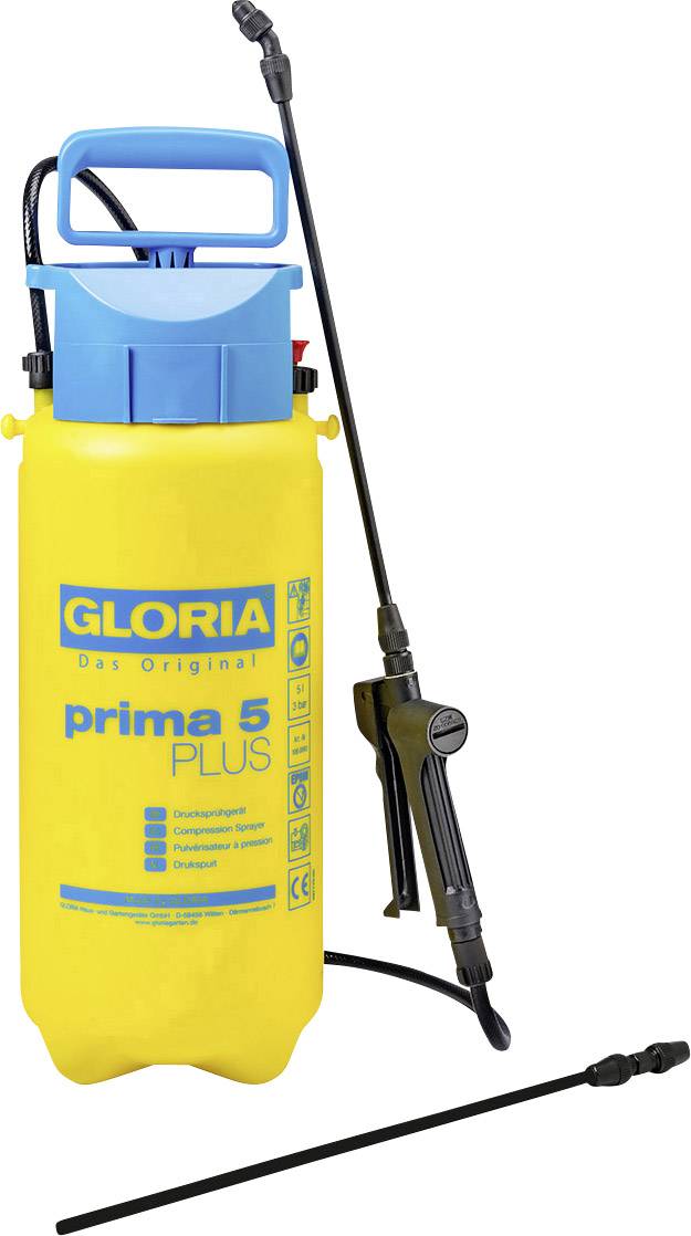 Žlutý postřikovač 'Gloria prima 5 Plus' s modrým víkem a černou postřikovou trubicí, vhodný pro zahradní použití.