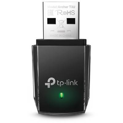 USB Wi-Fi adaptér TP-Link, model Archer T3U, s černým tělem a zelenou svítící LED indikací na přední straně.