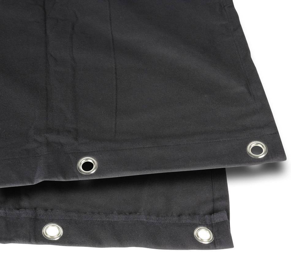 Černý, obdélníkový kus látky s několika kovovými oky podél okrajů.