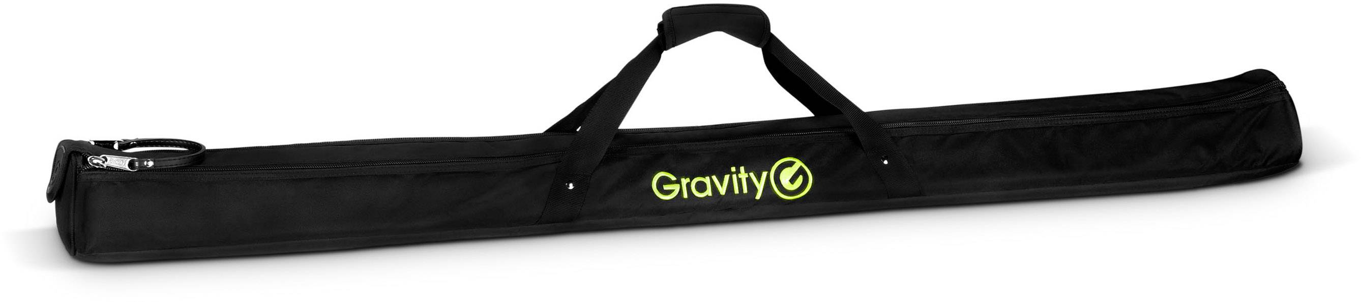 Černá taška pro stojan s rukojeťmi, která nese nápis 'Gravity'.