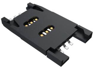 Černý držák SIM karty s několika kovovými kontakty, ležící rovně. Slouží k uchycení a propojení SIM karty v elektronických zařízeních.