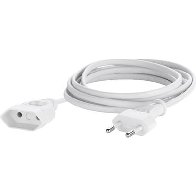 Bílý prodlužovací kabel se Schuko zástrčkou a zásuvkou. Kabel je svinutý.