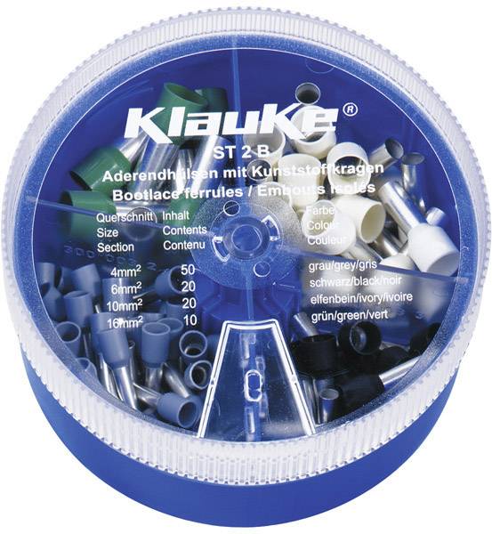 Kulatá krabice s různými koncovkami kabelových ok v různých barvách a velikostech od 4 mm² do 16 mm². Značka 'Klauke'.