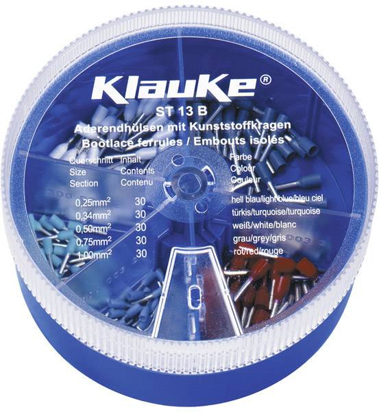 Kulatá plastová krabička s různými koncovkami kabelových ok. Etiketa zobrazuje velikosti: 0,25 mm², 0,34 mm², 0,5 mm². Barvy: modrá, tyrkysová, bílá, šedá, červená.