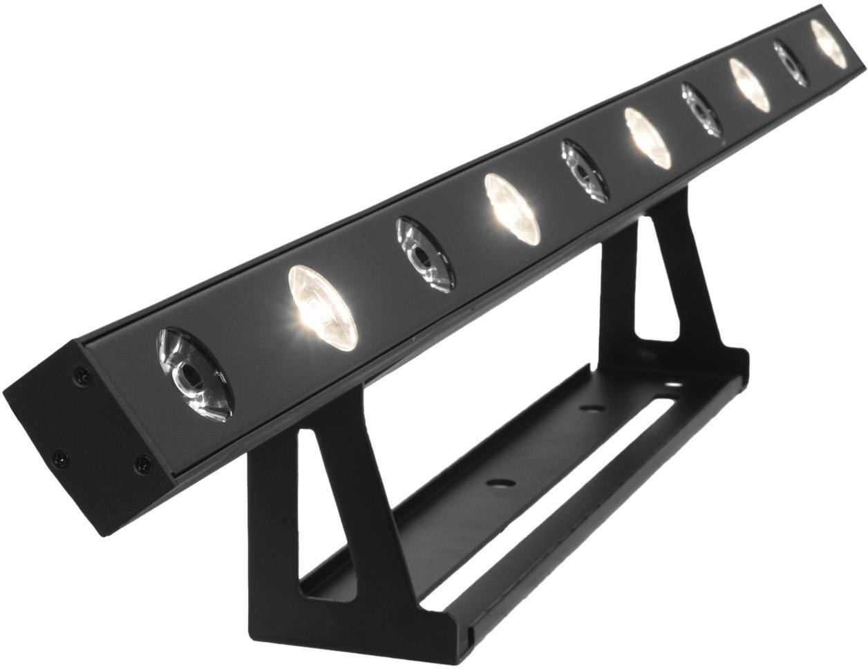LED lišta s devíti svítícími lampami, namontovaná na černém stojanu, vhodná pro jevištní osvětlení nebo dekoraci.