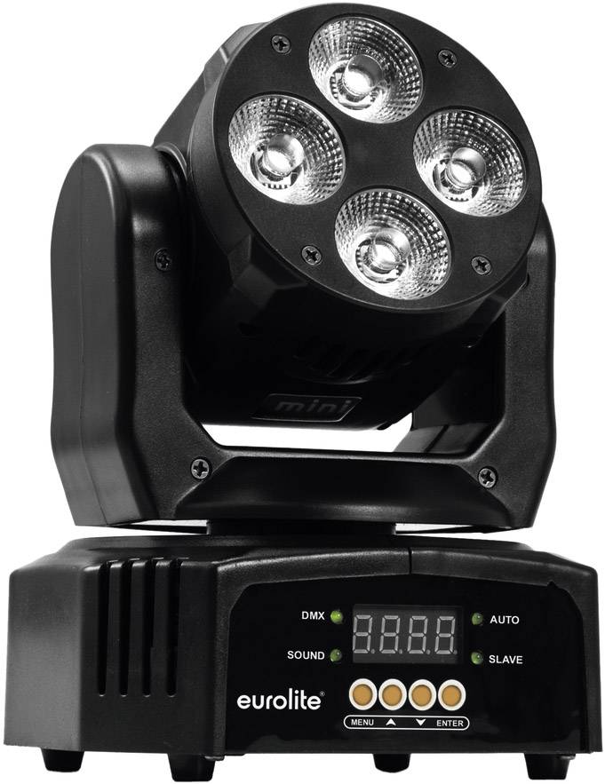 Černý, pohyblivý LED reflektor se čtyřmi svítícími LED diodami, digitálním displejem a různými ovládacími tlačítky na základně.