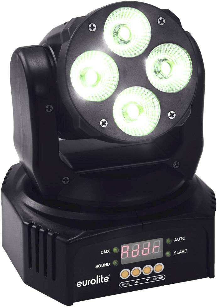 Pohyblivý LED reflektor s digitálním displejem a zelenými světly, vhodný pro jevištní osvětlení nebo použití na akcích.