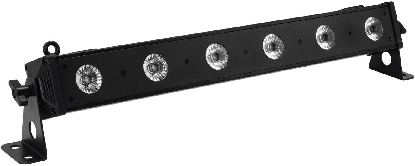 Černá LED světelná lišta se šesti kruhovými světly, upevněná na stabilním, nastavitelném kovovém rámu.