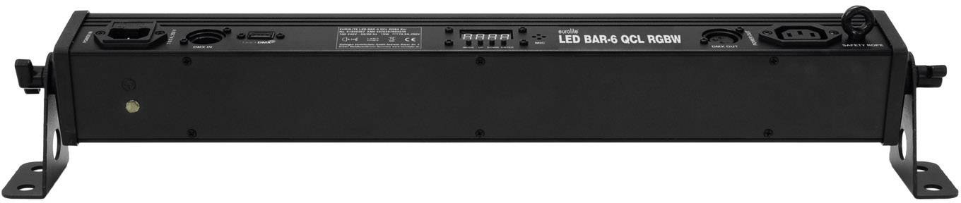 Černá LED světelná lišta s montážními úchyty, konektory a spínači. Vhodná pro jevištní nebo event osvětlení.