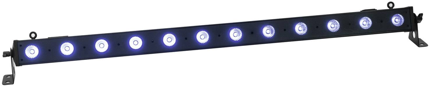 Dlouhá LED lampa s deseti modrými světly, namontovaná na černé liště, se často používá pro osvětlení pódia nebo párty.