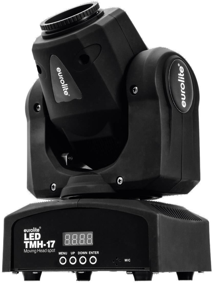 Černý otočný LED reflektor od Eurolite, model TMH-17, s displejem a ovládacími tlačítky, vhodný pro jevištní osvětlení.