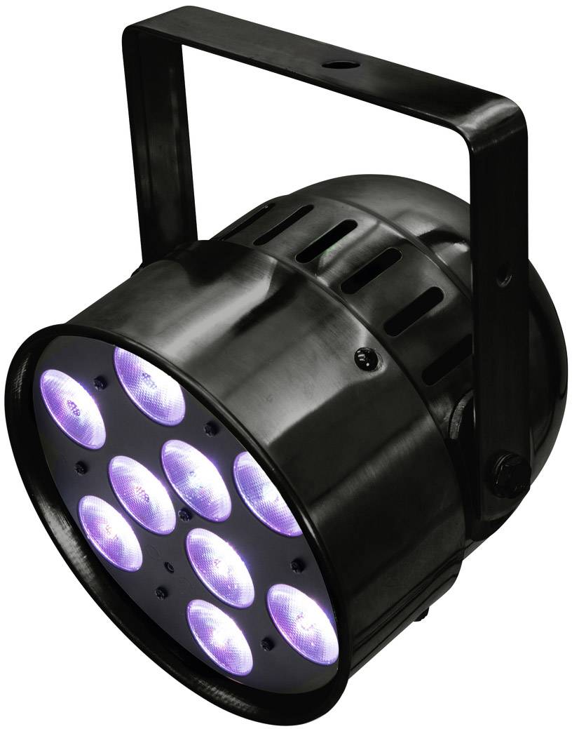 Černý LED světelný reflektor s devíti svítícími kulatými čočkami; vhodný pro osvětlení pódia a vizuální efekty.