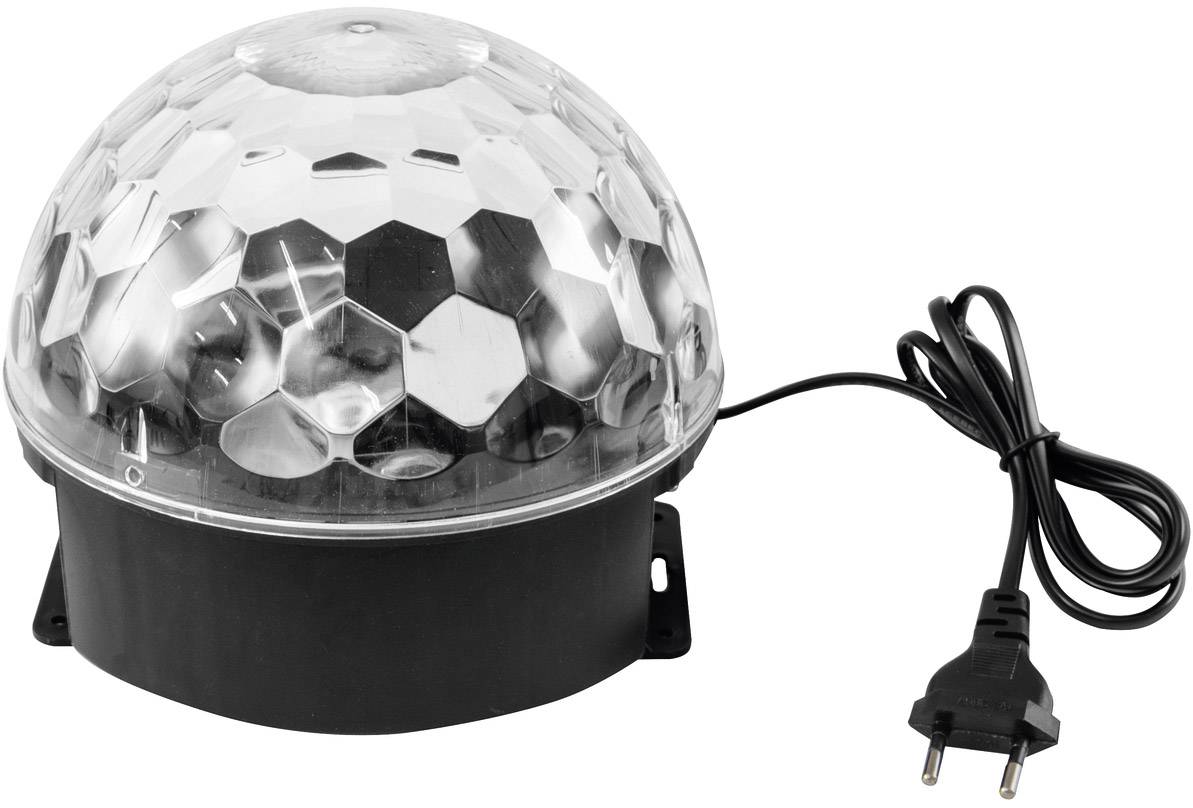 Průhledná, polokulatá disco lampa se vzorem včelích pláství na černém podstavci s připojeným napájecím kabelem.