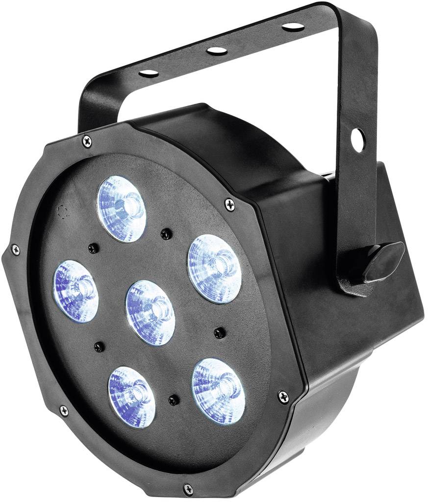 Kulatý černý LED reflektor s pěti modrými světly a nastavitelným upevňovacím úchytem pro montáž.