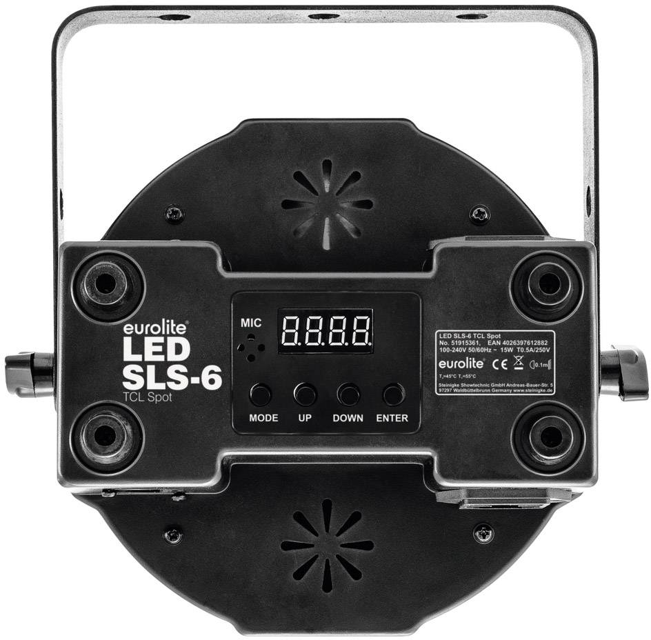 Světlomet Eurolite LED SLS-6 TCL Spot – černé, kulaté LED světlo s digitálním displejem a ovládacími tlačítky, vhodné pro jevištní osvětlení.