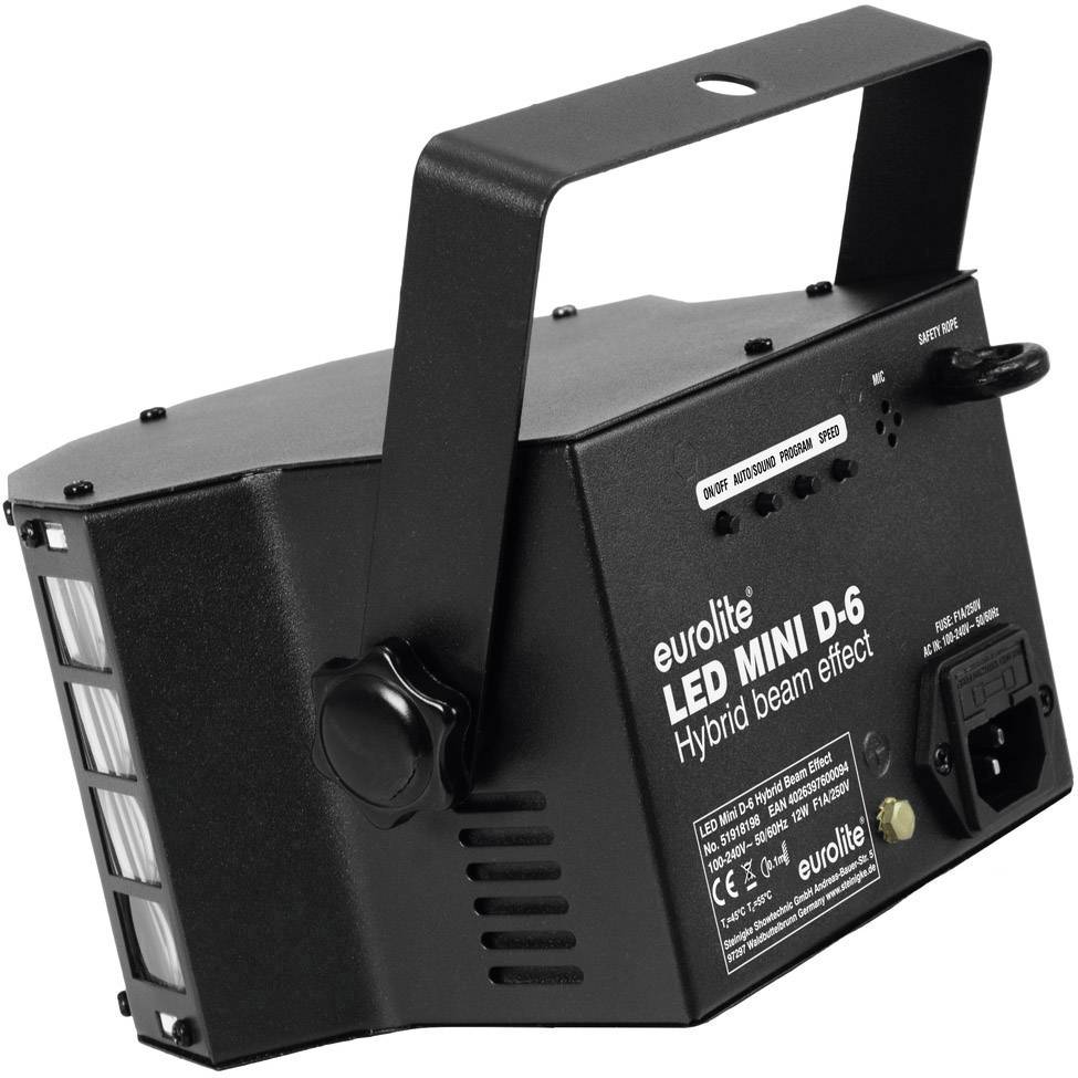 Černé LED světelné efektové zařízení 'Eurolite LED Mini D-6 Hybrid Beam Effect' s rukojetí a různými konektory na zadní straně.