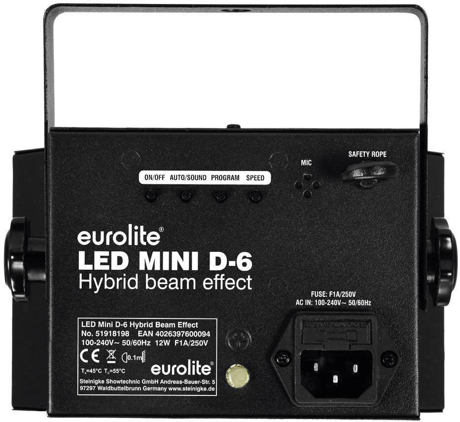 Černé Eurolite LED MINI D-6 hybridní beam efektové zařízení s několika ovládacími tlačítky a napájecím připojením.
