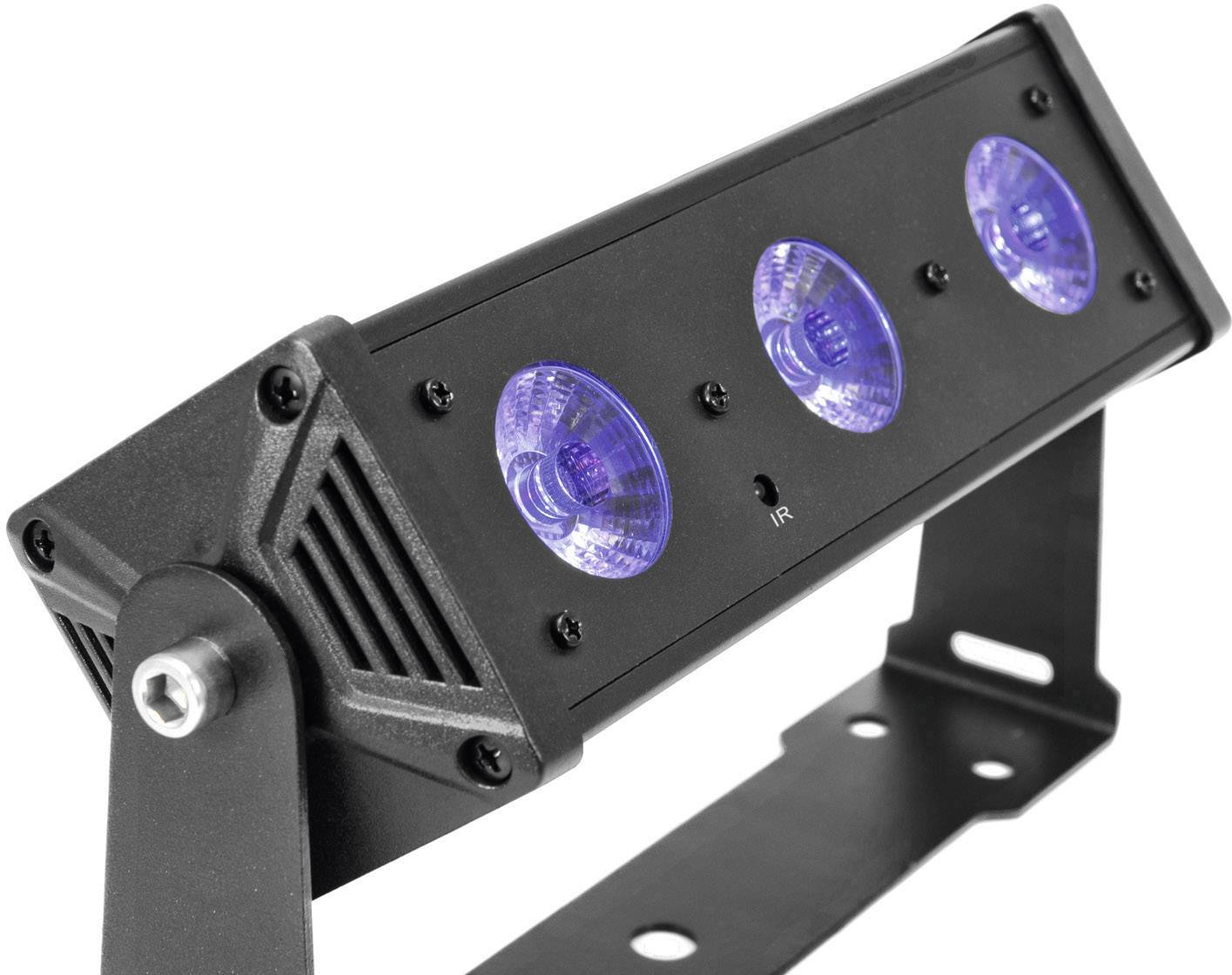 Tříbodový LED reflektor s modrým světlem na nastavitelné kovové podstavě.