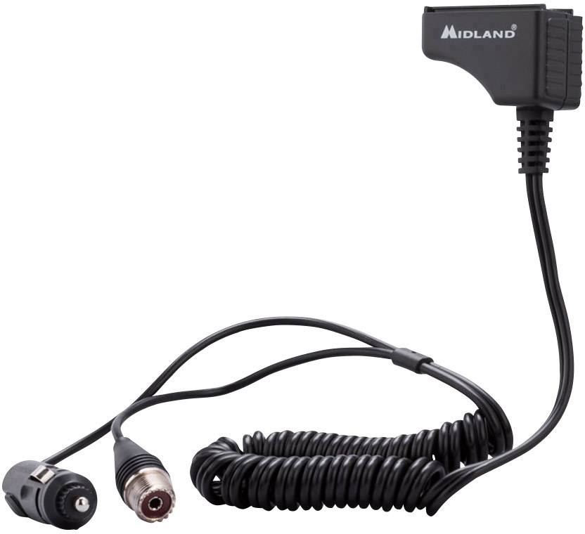 Černý spirálový kabel se zástrčkami a štítkem 'Midland', vhodný pro audio zařízení nebo radiostanice, zobrazuje možnosti připojení.