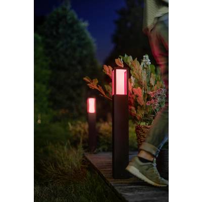 Osoba jde v noci po dřevěné cestě, lemované moderními zahradními lampami, které vyzařují červené světlo, obklopená rostlinami.