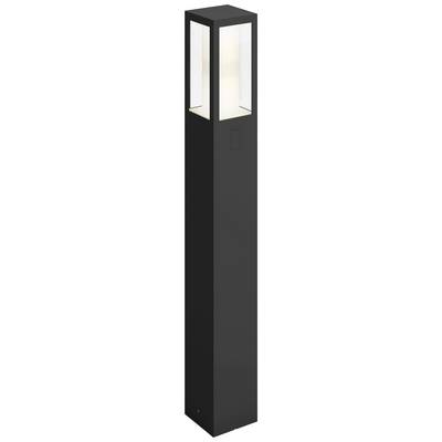 Černý, moderní venkovní sloupek osvětlení s průhlednou horní částí, zobrazuje design osvětlení.