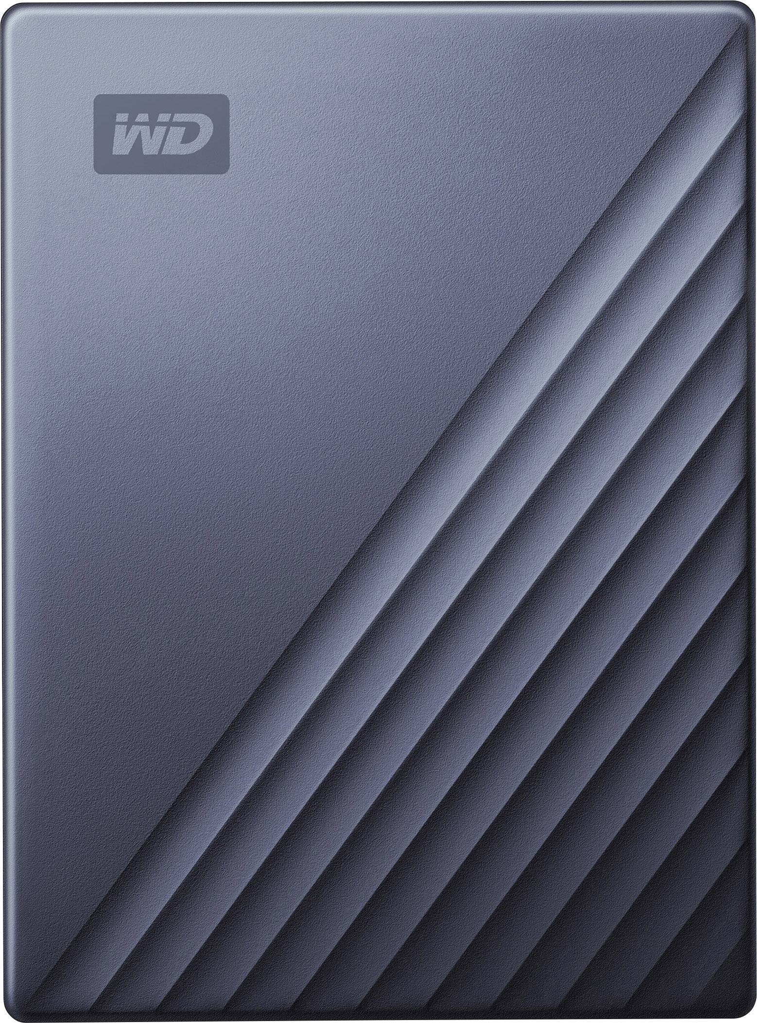 Modrý externí pevný disk s diagonálními linkami a logem 'WD' v levém horním rohu.