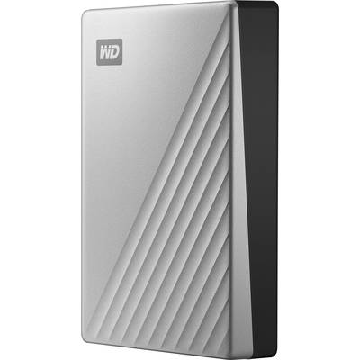 Externí stříbrný pevný disk od WD, štíhlý design s diagonálními liniemi, vhodný pro ukládání dat a zálohování.