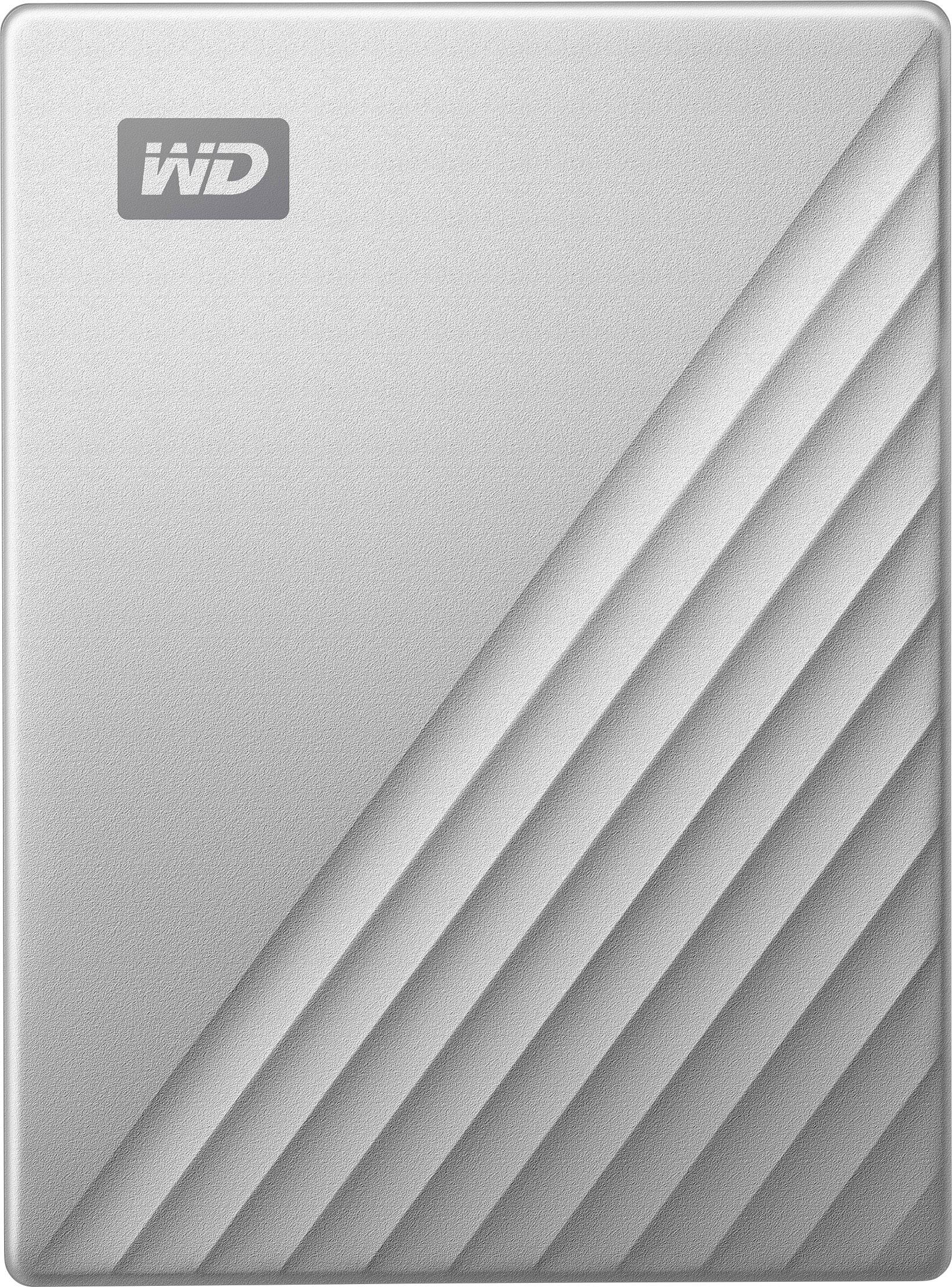 Externí stříbrný externí disk s diagonálním liniovým vzorem.