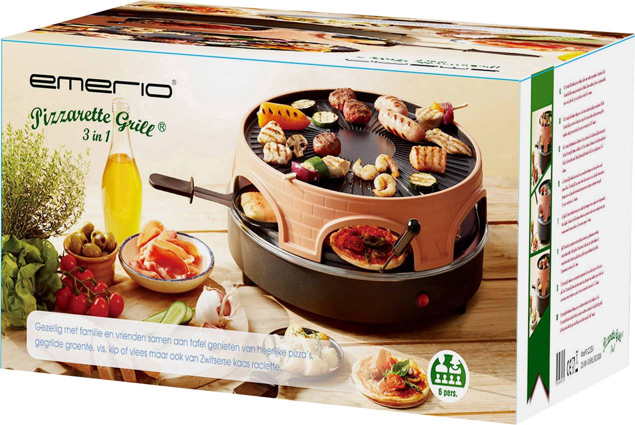 Balení 3-in-1 pizzové grily s obrázkem grilu, přísad a připravených jídel. Součástí balení: Dvě pizzy, zelenina a nápoje.