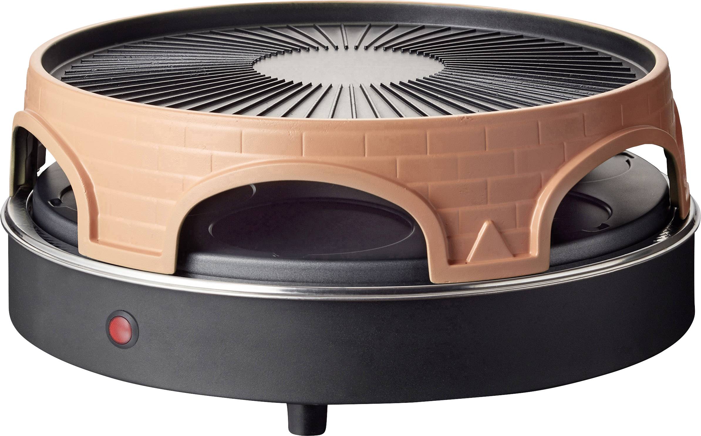 Elektrický gril s kulatým grilovacím povrchem. Design připomínající vzhled cihel. Vhodný pro stolní grilování uvnitř i venku.