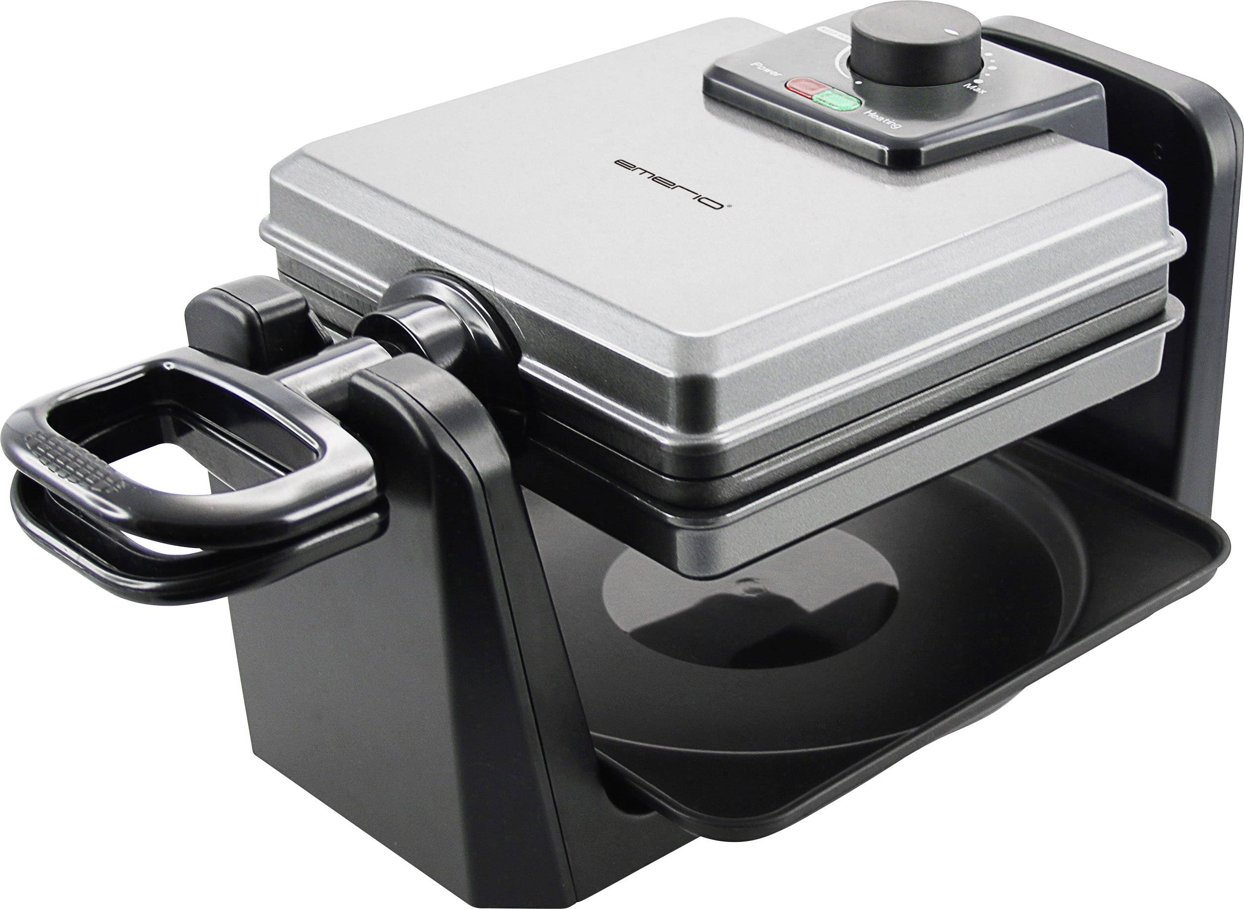 Elektrická vaflovací pánev s otočnou funkcí, stříbrné barvy, umístěná na černém podstavci. Má rukojeť a časovač nahoře.