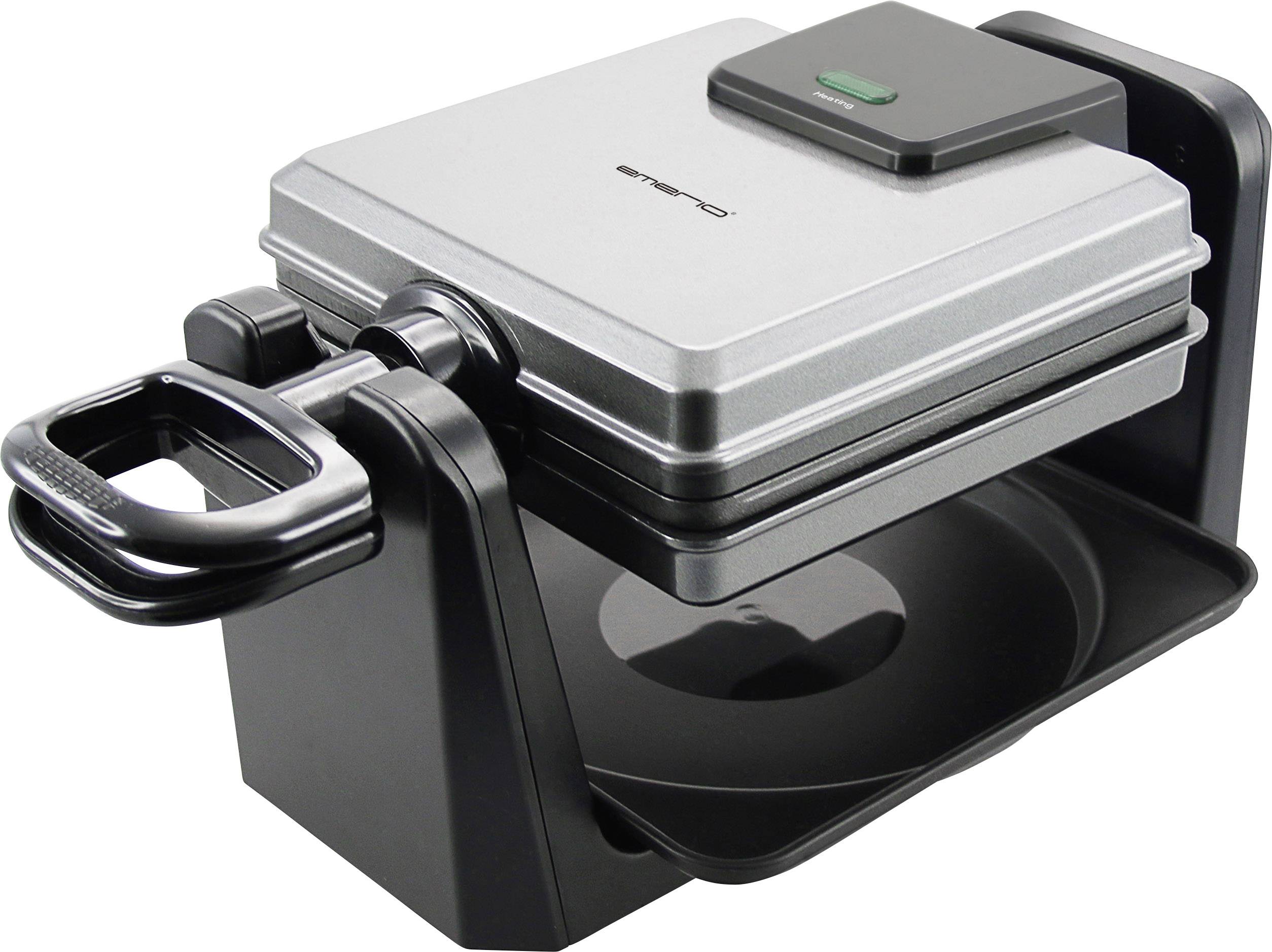 Vaflovač v černo-stříbrném provedení s otočným mechanismem. Nahoře je umístěna zelená kontrolka signalizující provozní připravenost.