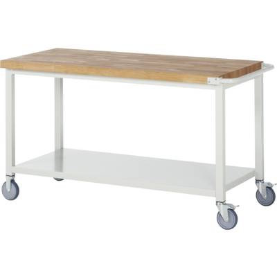 Stabilní pracovní stůl s dřevěnou deskou, bílou kovovou konstrukcí a čtyřmi kolečky. Ideální do dílen nebo hobby místností.