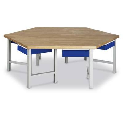 Šestihranný dřevěný stůl s bílýma kovovýma nohama a modrými zásuvkami pod deskou.