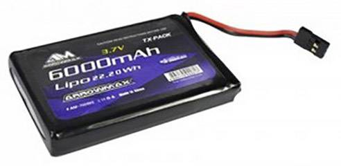 Lithium-polymerový akumulátor s kapacitou 6000 mAh, 3,7 V, černé pouzdro, červené a černé kabely.