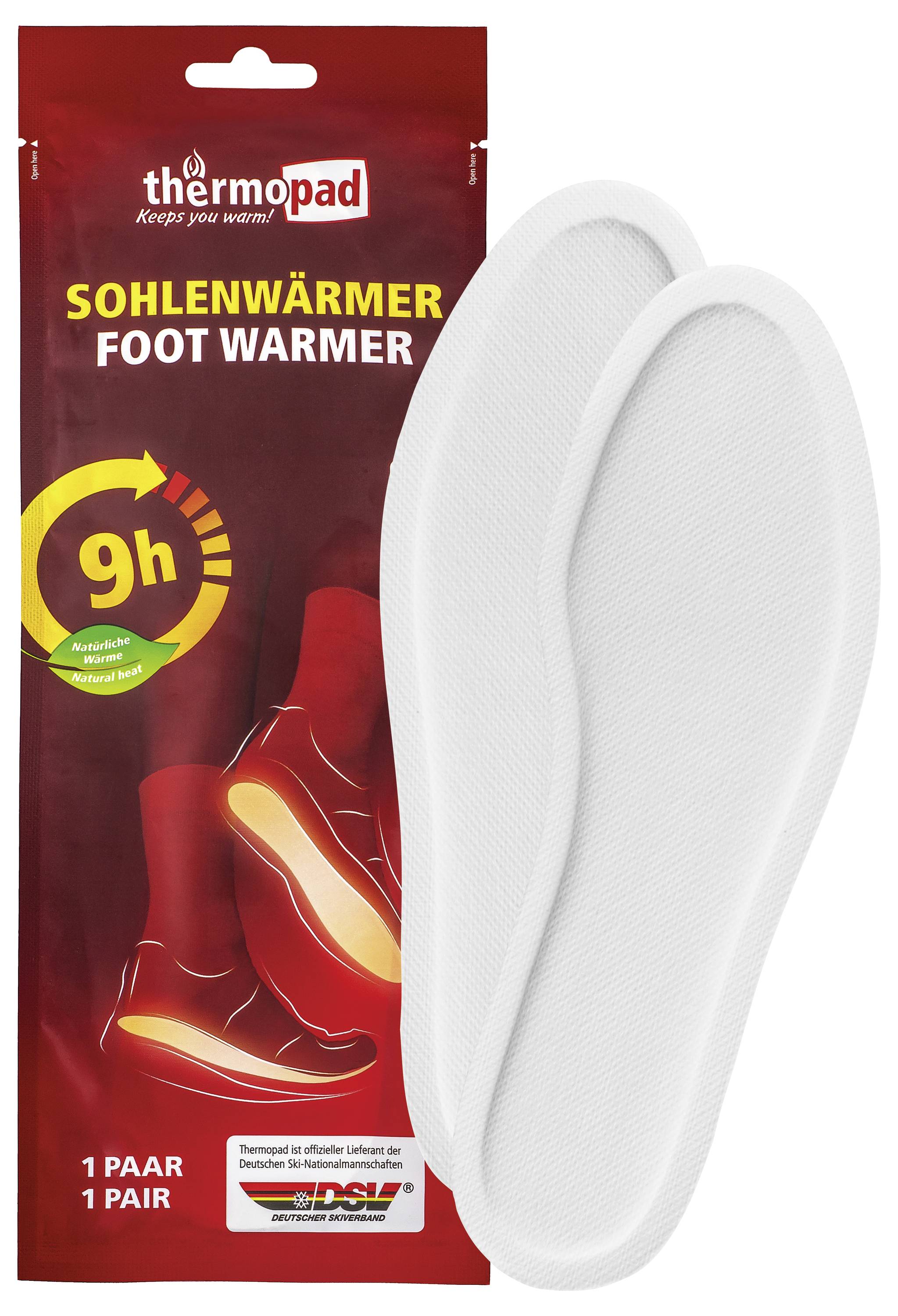 Balíček ohřívače nohou Thermopad se dvěma bílými vložkami tvaru stélky a štítkem "SOHLENWÄRMER FOOT WARMER", "9h", "1 PAAR/1 PAIR".