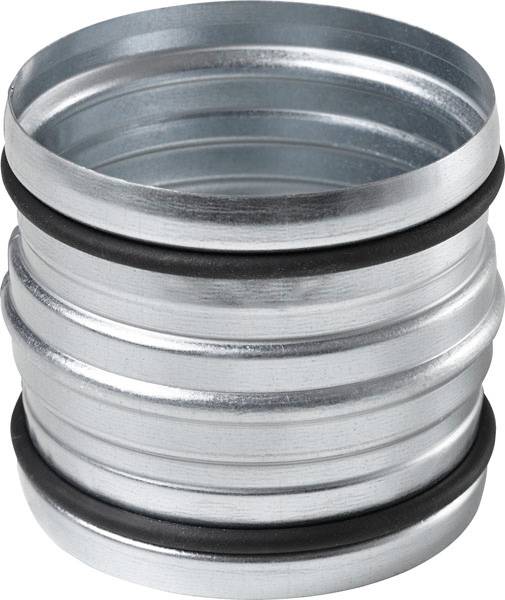 Válcový kovový díl s černými gumovými těsněními na obou koncích, pravděpodobně spojovací prvek pro potrubí.