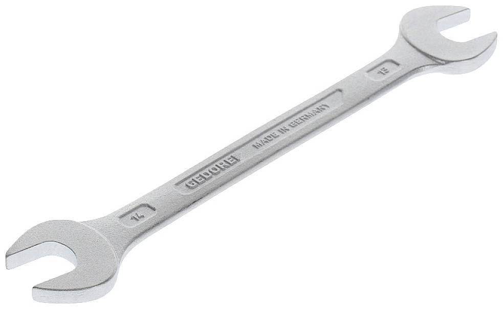 Stříbrný oboustranný klíč s nápisem 'Made in Germany'. Levá strana: 13 mm, pravá strana: 15 mm. Leží plochý na bílém pozadí.
