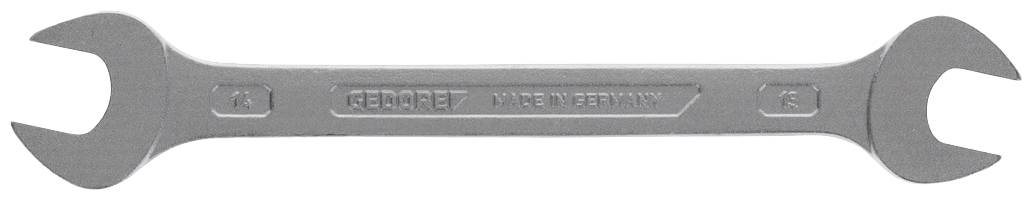 Stříbrný vidlicový klíč se dvěma otevřenými konci s nápisem 'GEDORE MADE IN GERMANY' na rukojeti.